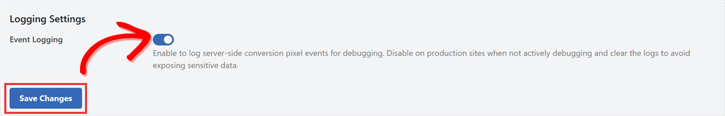Logging Settings section at the bottom of the Event Logs tab with the Event Logging toggle switched on and the Save Changes button