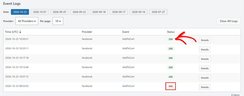 WPCode Event Logs table with five Facebook AddToCart rows showing a green 200 status and one older row showing a red 400 status