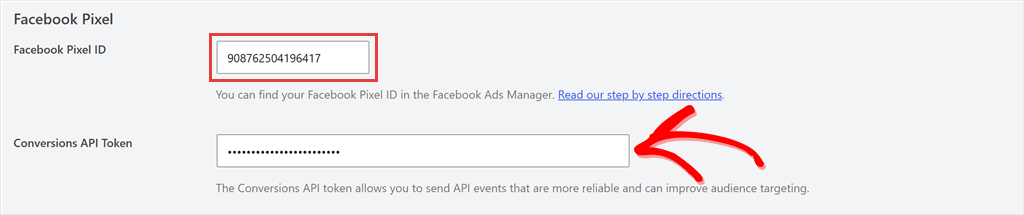 WPCode Conversion Pixels Facebook tab with the Facebook Pixel ID field and a masked Conversions API Token field