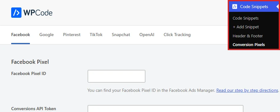 The Code Snippets menu with Conversion Pixels selected, beside the Conversion Pixels screen showing the Facebook tab and its empty Facebook Pixel ID field