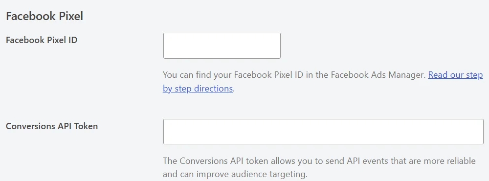 The Facebook Pixel section with empty Facebook Pixel ID and Conversions API Token fields
