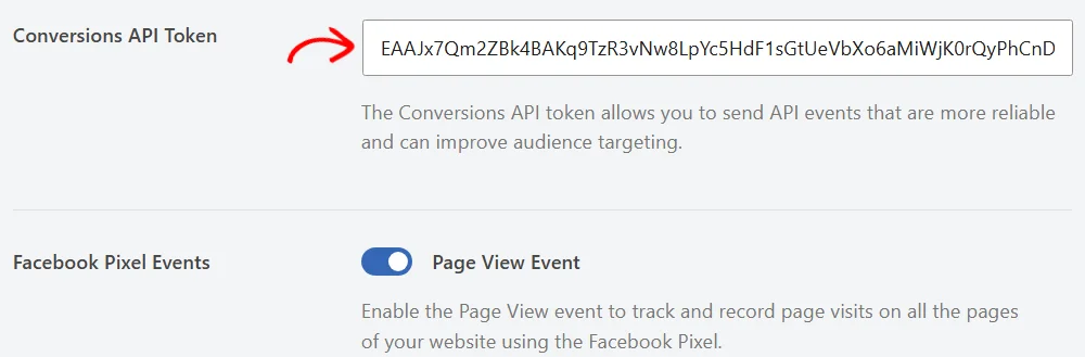 An arrow pointing at the Conversions API Token field, filled in with a token, above the Facebook Pixel Events setting