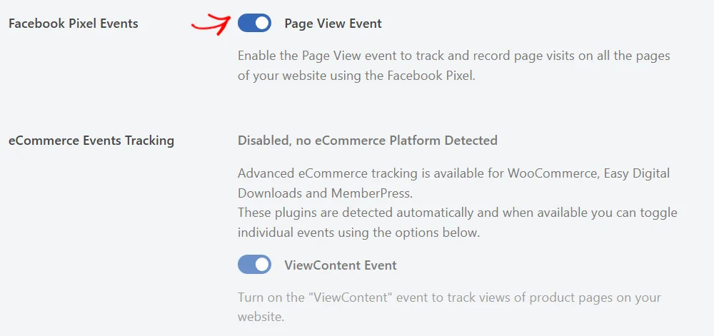An arrow pointing at the Page View Event toggle, switched on, above the eCommerce Events Tracking section