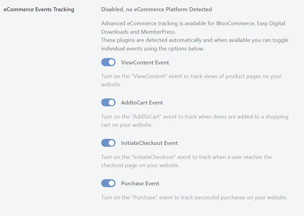 The eCommerce Events Tracking section reading Disabled, no eCommerce Platform Detected, with greyed-out ViewContent, AddtoCart, InitiateCheckout, and Purchase event toggles
