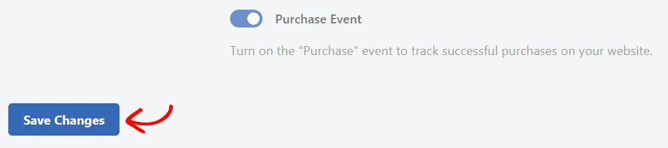 An arrow pointing at the Save Changes button below the Purchase Event toggle