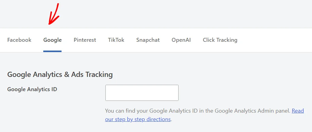 An arrow pointing at the Google tab, which opens the Google Analytics and Ads Tracking section with an empty Google Analytics ID field