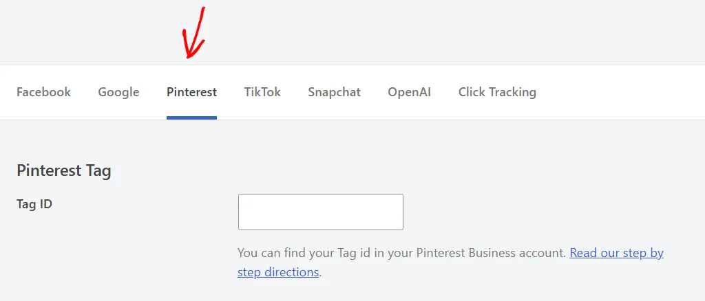 An arrow pointing at the Pinterest tab, which opens the Pinterest Tag section with an empty Tag ID field