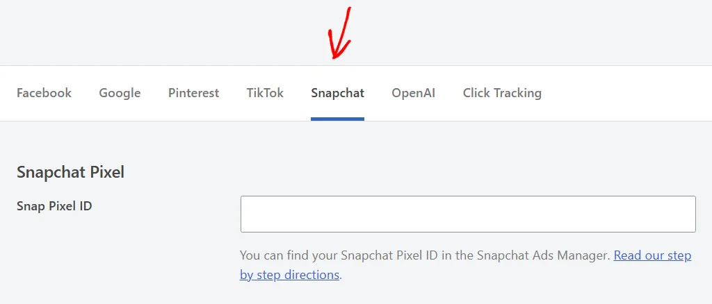 An arrow pointing at the Snapchat tab, which opens the Snapchat Pixel section with an empty Snap Pixel ID field