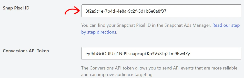 An arrow pointing at the Snap Pixel ID field, filled in, with the Conversions API Token field filled in below it
