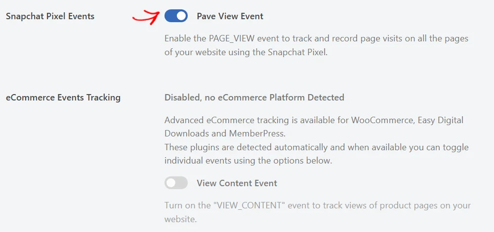 An arrow pointing at the page view toggle under Snapchat Pixel Events, switched on, above the eCommerce Events Tracking section