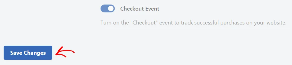 An arrow pointing at the Save Changes button below the Checkout Event toggle on the Pinterest tab