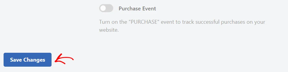 An arrow pointing at the Save Changes button below the Purchase Event toggle on the Snapchat tab