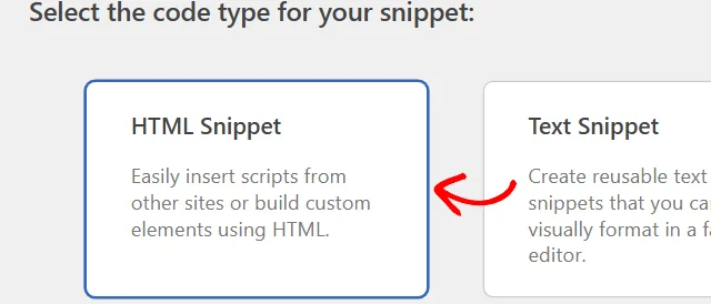 The code type picker showing the HTML Snippet card with an arrow pointing at it