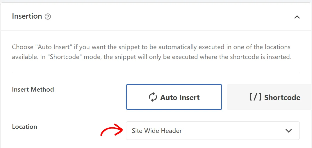 The Insertion panel showing Insert Method set to Auto Insert, with an arrow pointing at the Location box