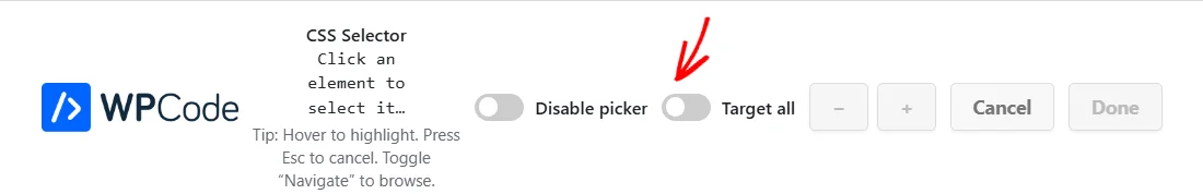 The CSS selector picker bar at the bottom of a front-end page, with an arrow pointing at the Target all toggle