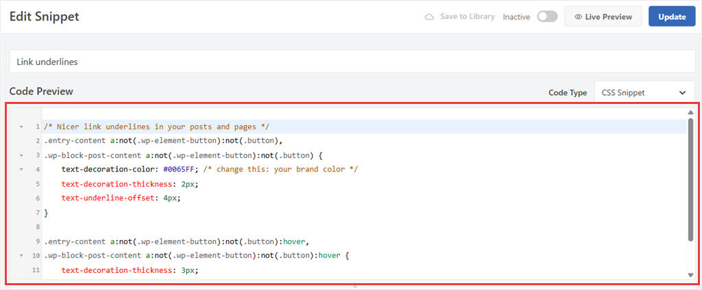 The WPCode snippet editor with the title Link underlines and the link underline code pasted into Code Preview