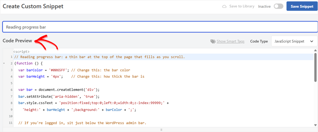The WPCode snippet editor with the title Reading progress bar and the progress bar code pasted into Code Preview