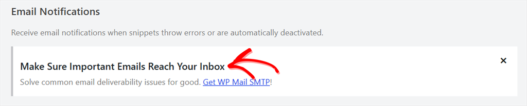 WPCode's Make Sure Important Emails Reach Your Inbox notice with a Get WP Mail SMTP link, under the Email Notifications heading