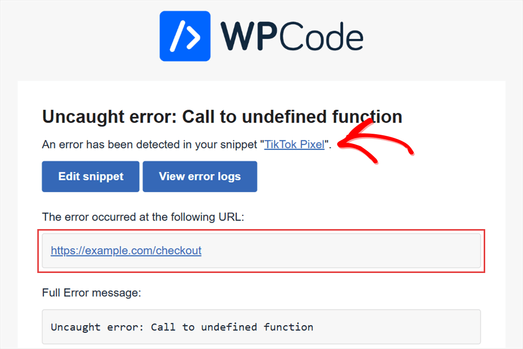 WPCode's Preview Email page for the error alert, showing a sample error for the TikTok Pixel snippet and the sample address example.com/checkout