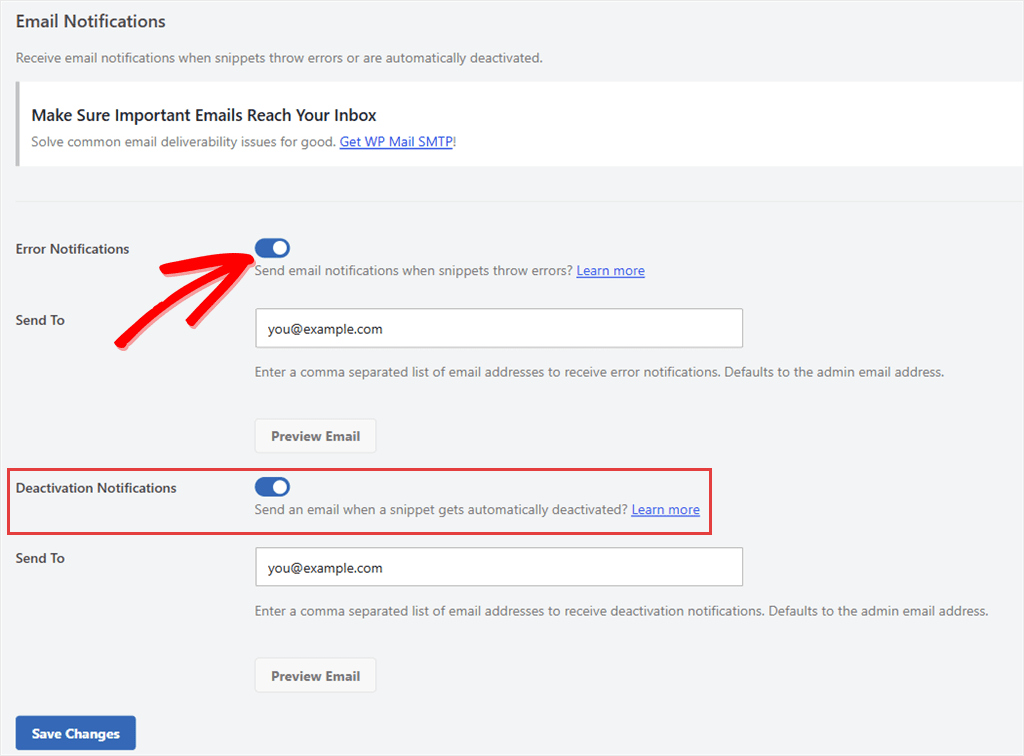 WPCode Error Handling settings with the Error Notifications and Deactivation Notifications toggles switched on, each with a Send To email field and a Preview Email button