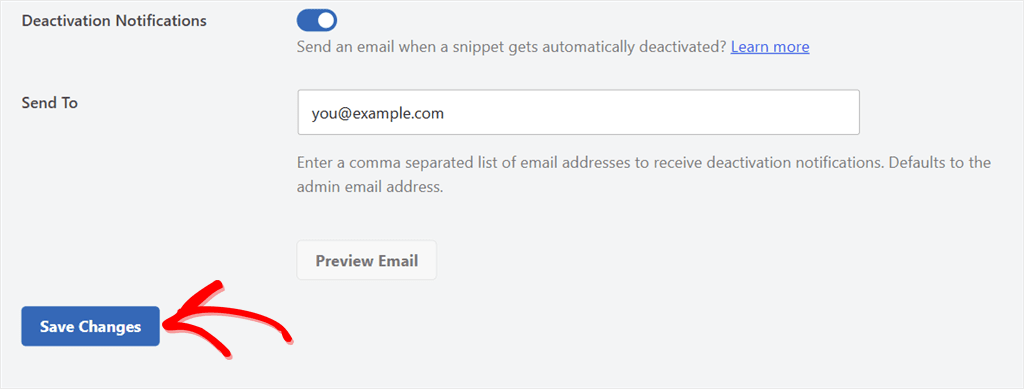 The Save Changes button below the Deactivation Notifications section on WPCode's Error Handling tab