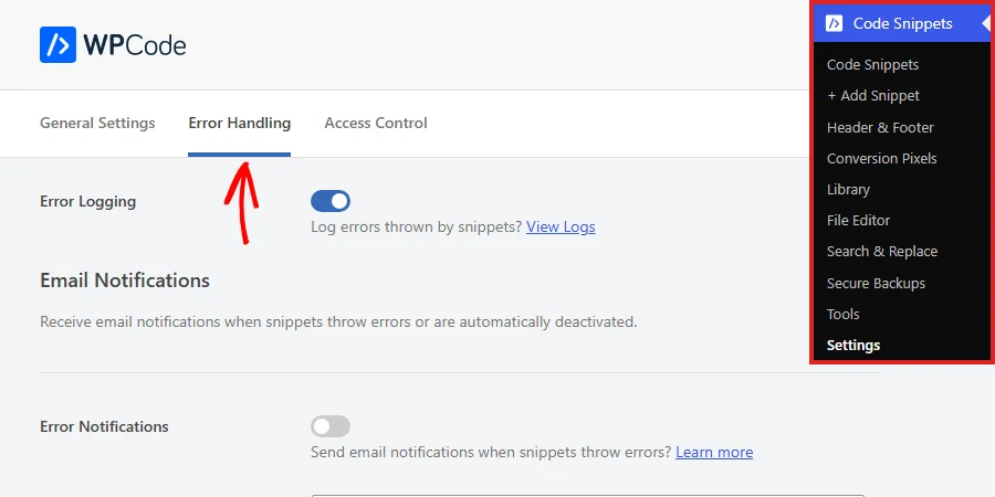 The WPCode Settings screen with the Code Snippets menu shown in the sidebar and an arrow pointing at the Error Handling tab
