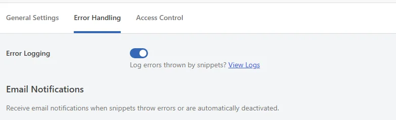 The Error Handling tab showing the Error Logging toggle switched on above the Email Notifications heading