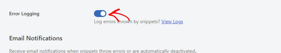 An arrow pointing at the Error Logging toggle, shown switched on, with its View Logs link beside the description