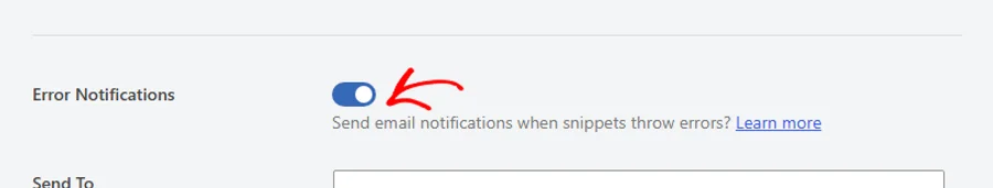An arrow pointing at the Error Notifications toggle, shown switched on, under the Email Notifications heading