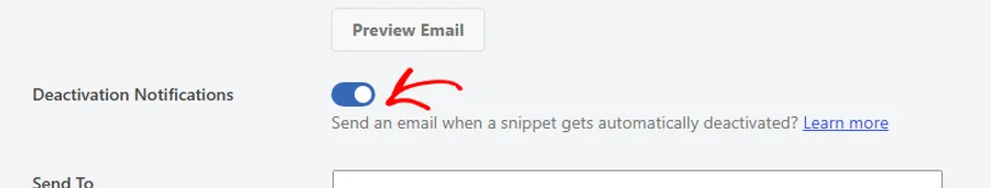 An arrow pointing at the Deactivation Notifications toggle, shown switched on, with its own Send To field below