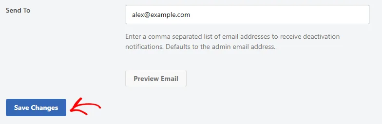 The last Send To field and Preview Email button, with an arrow pointing at the Save Changes button below them