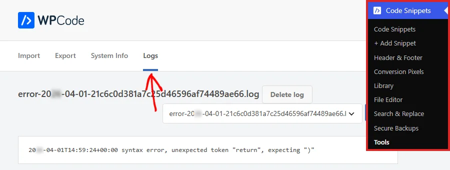The WPCode Tools screen with the Code Snippets menu shown in the sidebar and an arrow pointing at the Logs tab