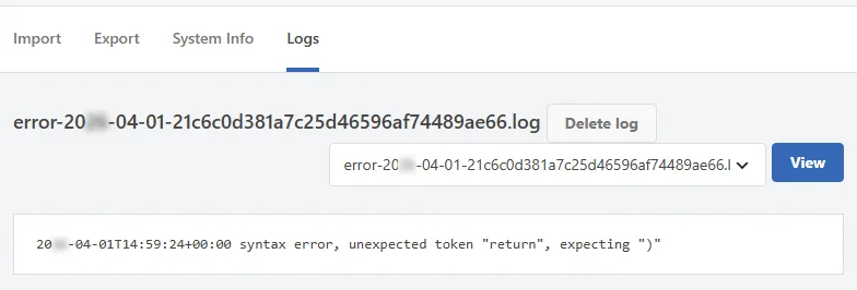 The Logs tab showing a log filename as the heading, a Delete log button, the log picker with a View button, and one entry in the panel below
