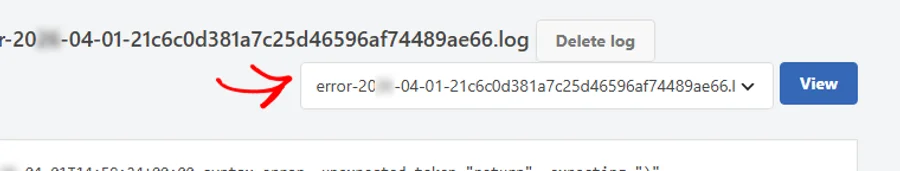 An arrow pointing at the log picker dropdown, with the View button beside it