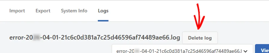 An arrow pointing at the Delete log button beside the log filename heading