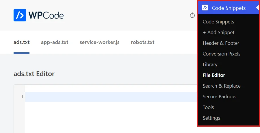 The File Editor screen with the Code Snippets menu shown in the sidebar and File Editor highlighted