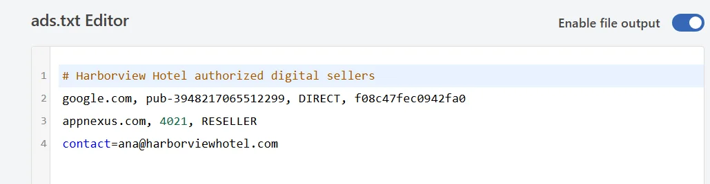 The ads.txt editor with a comment line, two seller lines, and a contact line