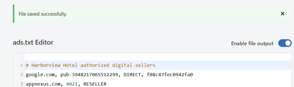 The File saved successfully confirmation message above the ads.txt editor