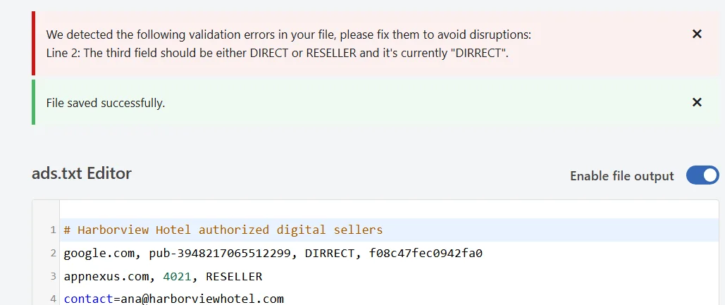 A validation message naming line two and the unexpected value, shown above the saved confirmation