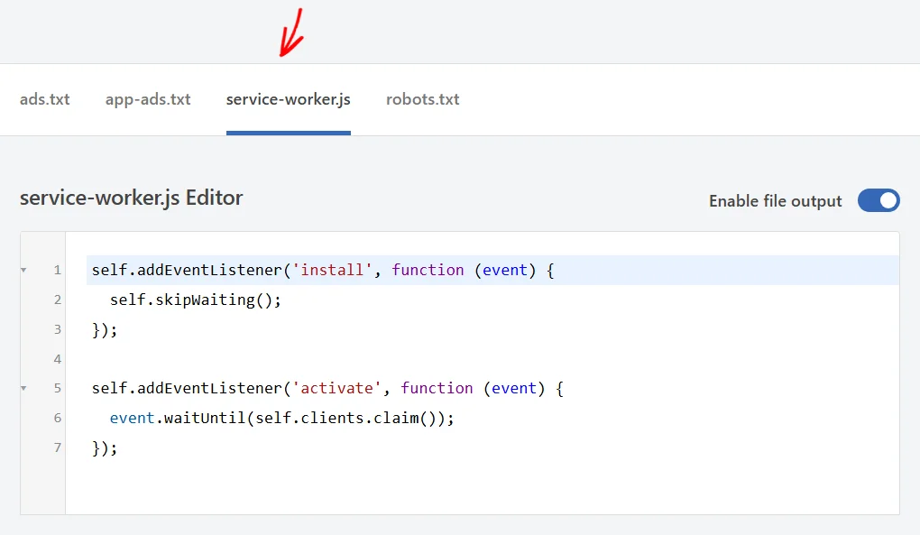 An arrow pointing at the service-worker.js tab, with its editor below showing JavaScript syntax highlighting on two event listeners