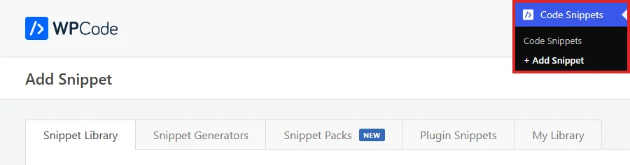 The Code Snippets menu open in the WordPress admin sidebar with + Add Snippet highlighted, and the Add Snippet screen with its five tabs behind it