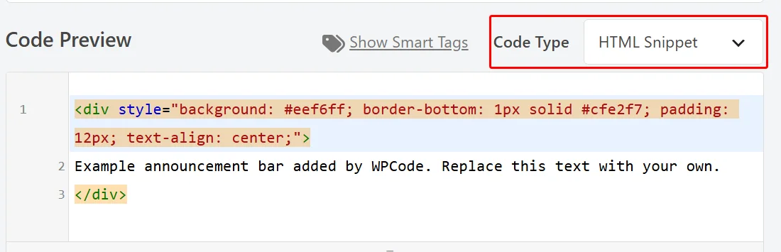 The WPCode Code Preview editor holding three lines of example HTML, with the Code Type control marked in the top right corner
