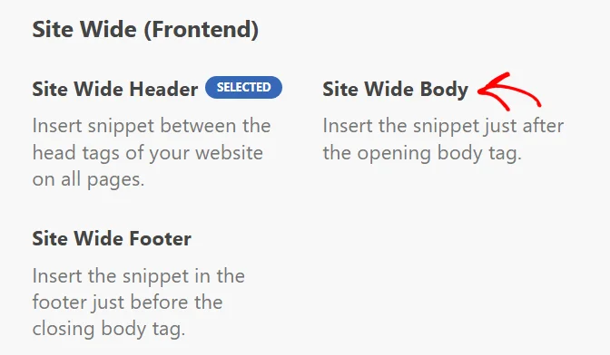 An arrow pointing at Site Wide Body in the Site Wide (Frontend) group of the WPCode location picker
