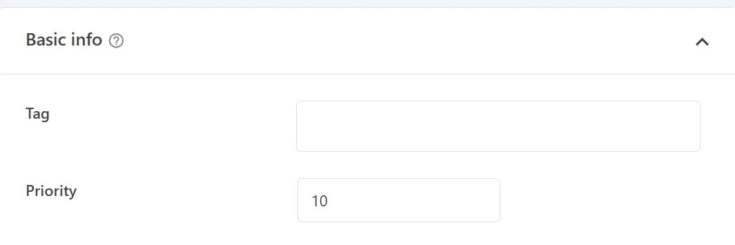 The Basic info panel in the WPCode snippet editor showing the empty Tag field and the Priority field set to 10