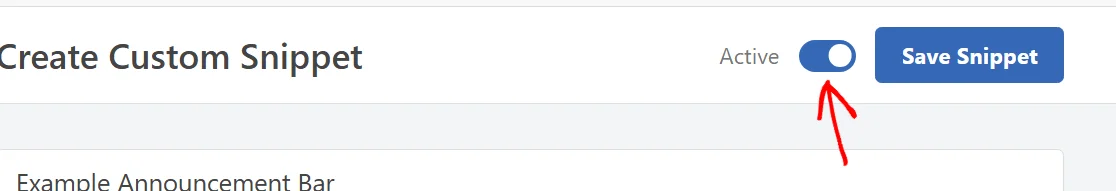 The WPCode snippet editor header with the status toggle switched on and the label reading Active