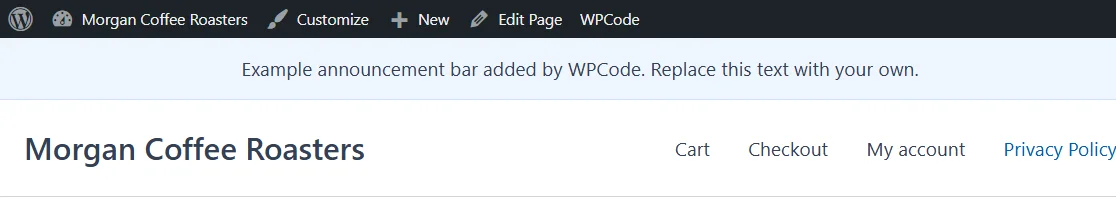 The front end of a WordPress site with the example announcement bar from the snippet displayed above the site header