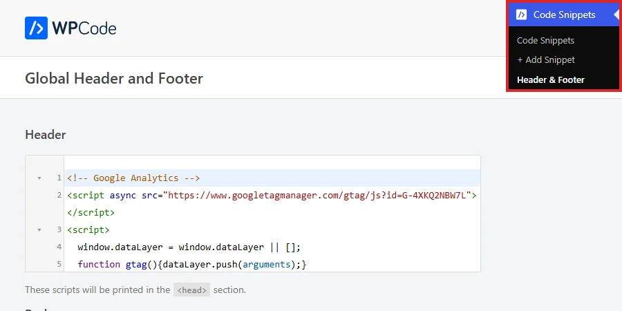 The Code Snippets menu in the WordPress admin sidebar with Header & Footer highlighted, and the Global Header and Footer page behind it