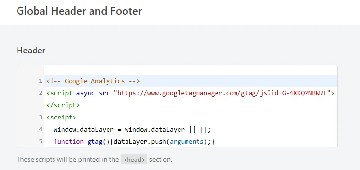 The Global Header and Footer page showing the Header field at the top of the page