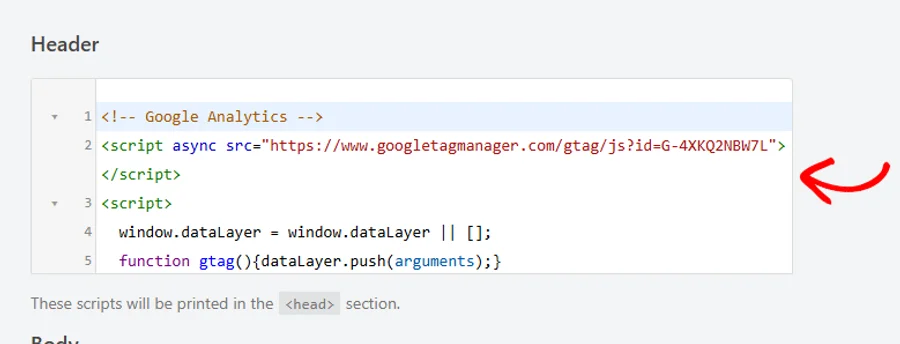 The Header field containing a Google Analytics tracking snippet