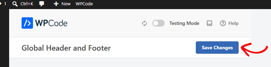 The Save Changes button at the top right of the Global Header and Footer page